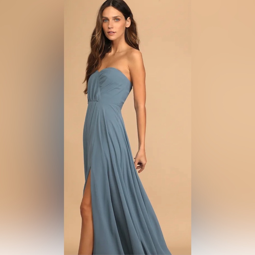 Lulu’s sweetest ceremony slate blue strapless dress